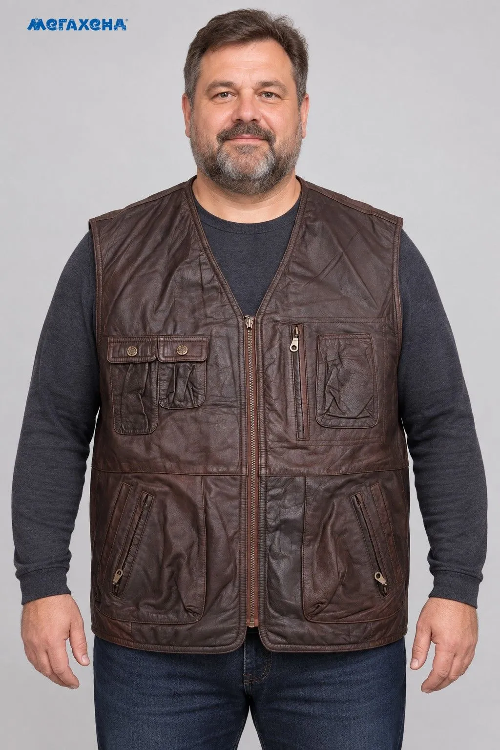 Коричневый кожаный жилет на молнии, размер 54 (XL)